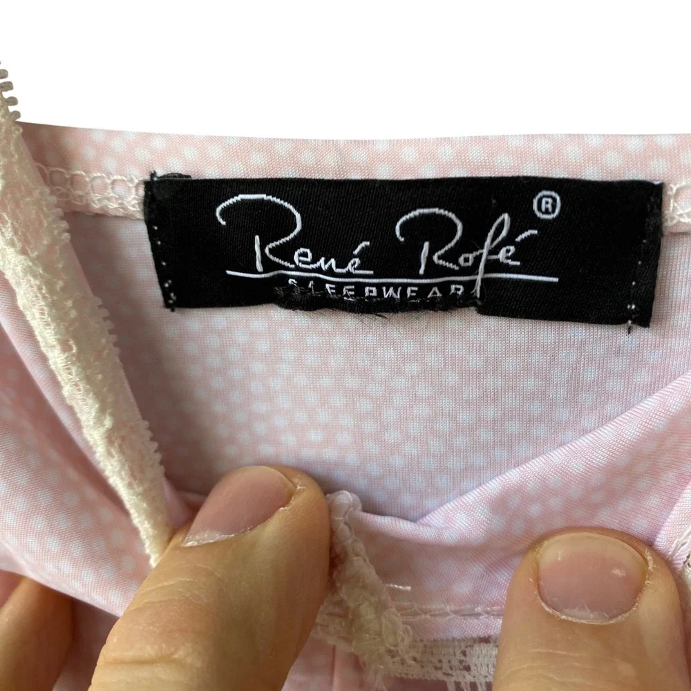 Rene Rofe Pink Polka Dot Lace Trim Chemise Nightgown Adjustable Straps Small‎